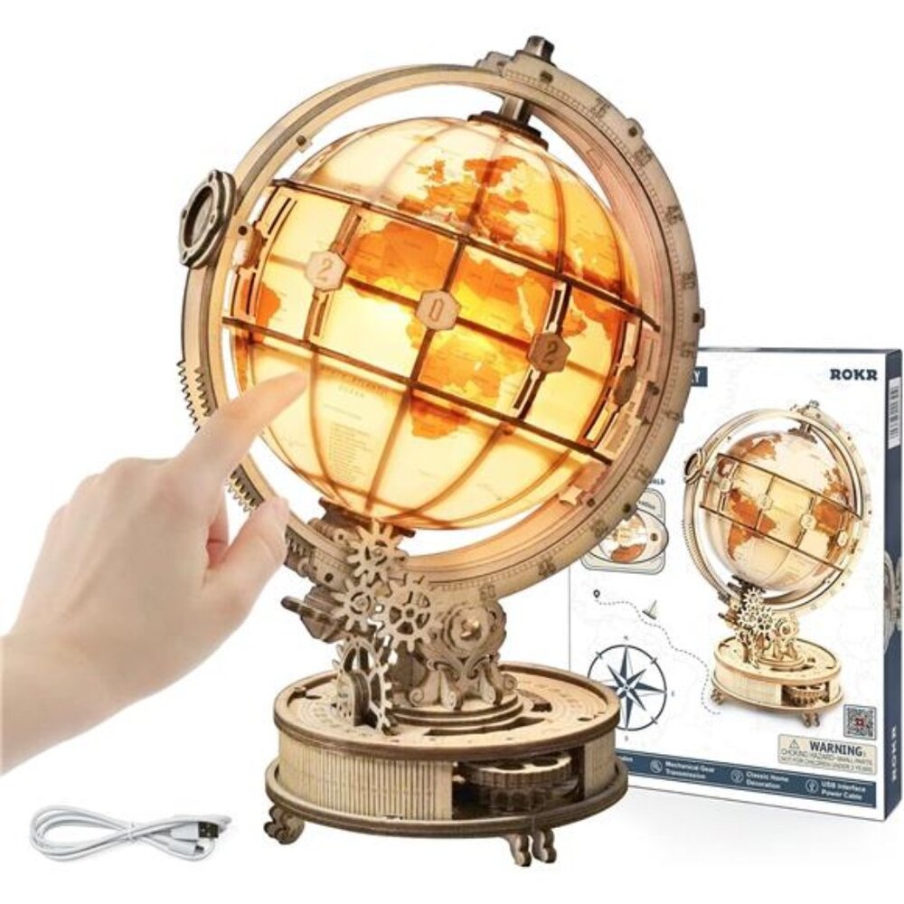 ROKR 3D Wooden Puzzles for Adults-LED Illuminated Wooden Globe Puzzle-Model